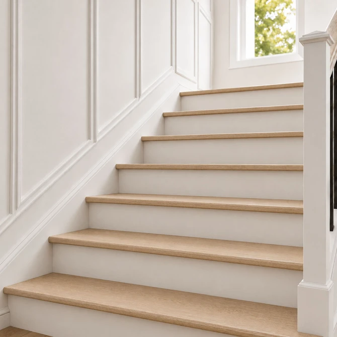 Solid white oak bullnose retrofit stair treads installed on staircase