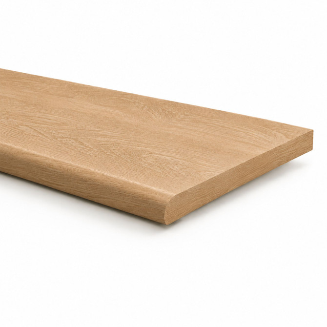 Solid white oak standard stair tread with bullnose detail view
