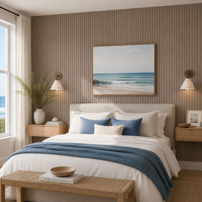 Coastal-inspired bedroom featuring Dusk painted acoustic slat wall panels as a full accent wall behind the bed.