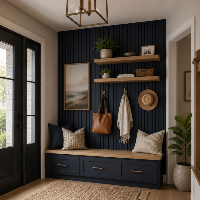 Coastal-inspired entryway with navy acoustic slat wall panels, natural wood floating shelves, storage bench, and decorative wall hooks.