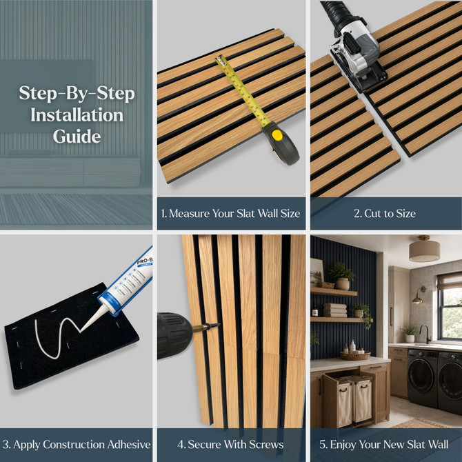 Step-by-step installation guide for acoustic slat wall panels showing measuring, cutting, applying construction adhesive, securing with screws, and finished installation.