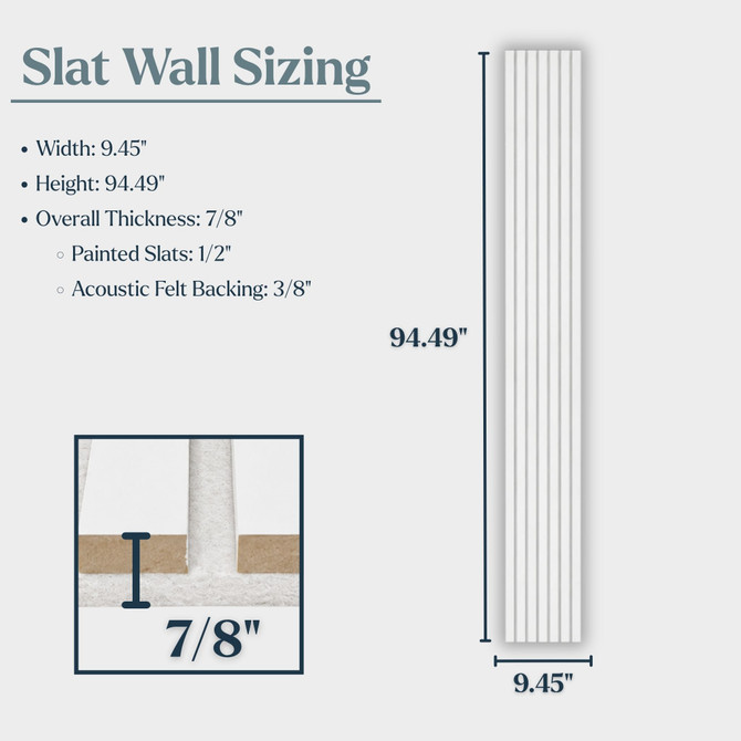 White acoustic slat wall panel sizing guide showing 94.49-inch height, 9.45-inch width, and 7/8-inch overall thickness with painted slats and acoustic felt backing.
