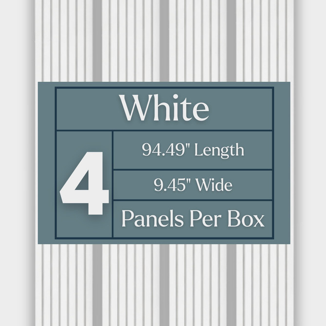 Product packaging graphic showing white acoustic slat wall panels with four panels per box, measuring 94.49 inches long by 9.45 inches wide.
