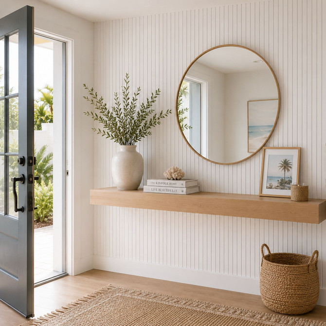 Bright modern entryway featuring white acoustic slat wall panels paired with a floating white oak shelf, round mirror, and coastal-inspired décor.