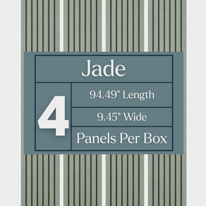 Graphic showing Jade acoustic slat wall panels packaged with four 94.49-inch by 9.45-inch panels per box.