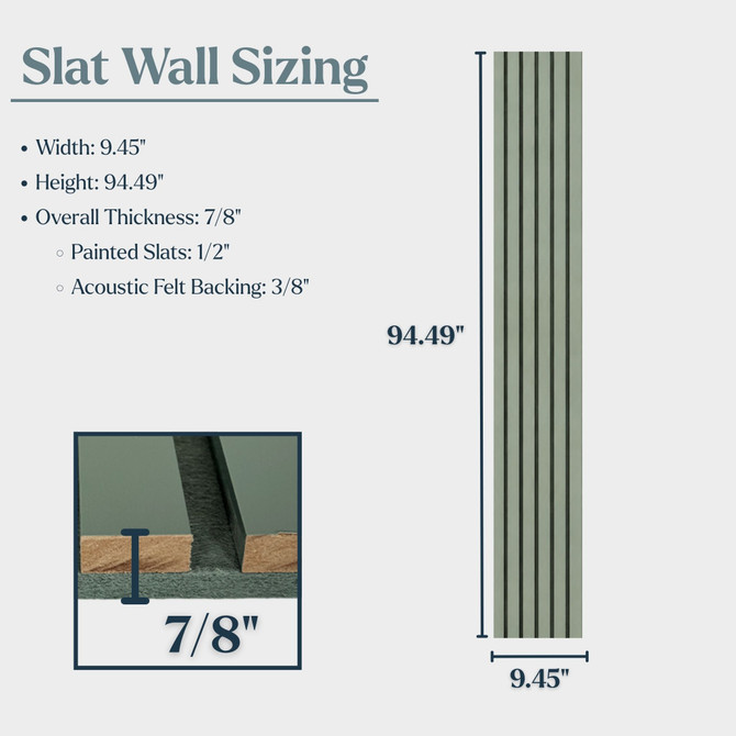 Jade acoustic slat wall panel dimensions showing 94.49-inch height, 9.45-inch width, and 7/8-inch overall thickness with painted slats and acoustic felt backing.