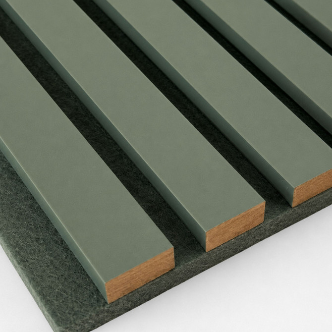Close-up of Jade painted slats with a satin finish over a designer-grade MDF core and dark acoustic felt backing.