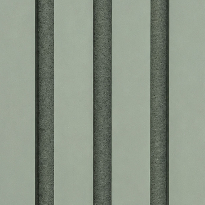 Close-up of Jade painted acoustic slat wall panels highlighting the satin finish, 1-inch slats, and dark acoustic felt backing.