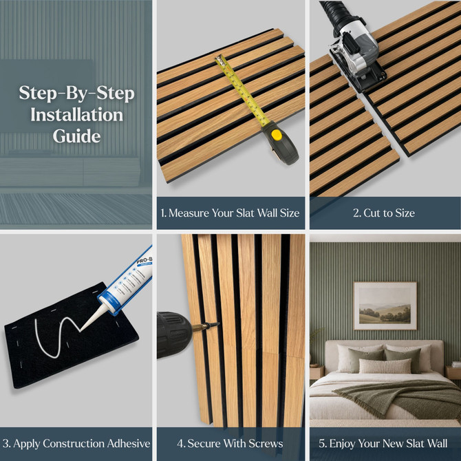 Step-by-step installation guide for Jade acoustic slat wall panels showing measuring, cutting, adhesive application, fastening, and the finished installation.