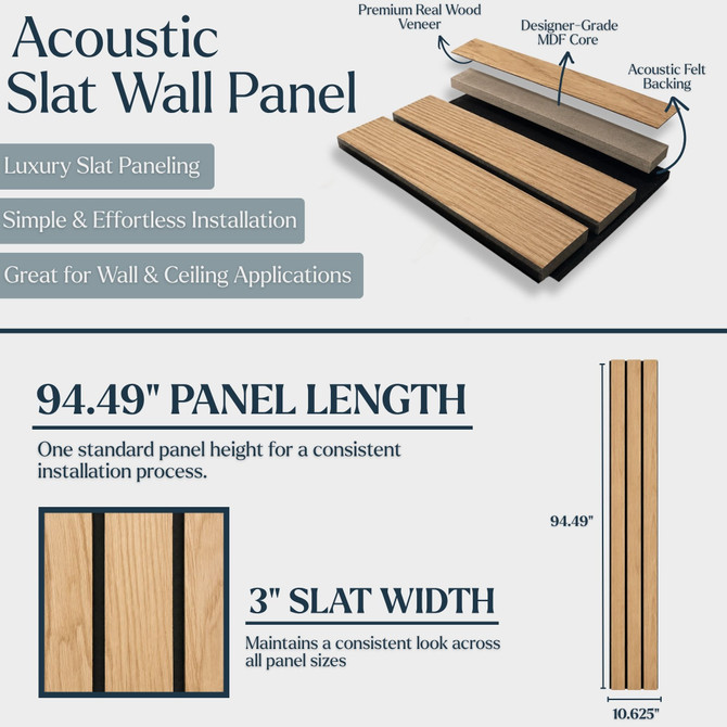 Exploded view of a Natural Wide acoustic slat wall panel showing premium real wood veneer, designer-grade MDF core, and black acoustic felt backing.