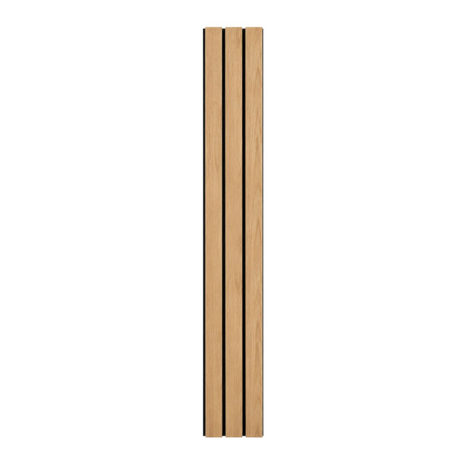 Front view of a Natural Wide acoustic slat wall panel featuring 3-inch real wood slats with black acoustic felt backing on a white background.