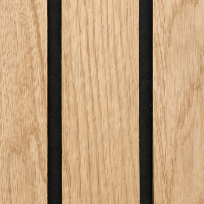 Close-up of a Natural Wide acoustic slat wall panel highlighting the 3-inch real wood slats, natural oak veneer, and black acoustic felt backing.