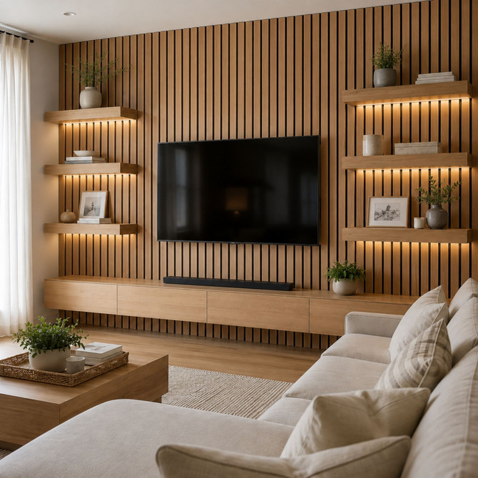 Contemporary living room featuring Natural Wide acoustic slat wall panels with integrated floating shelves, recessed LED lighting, and a wall-mounted television.