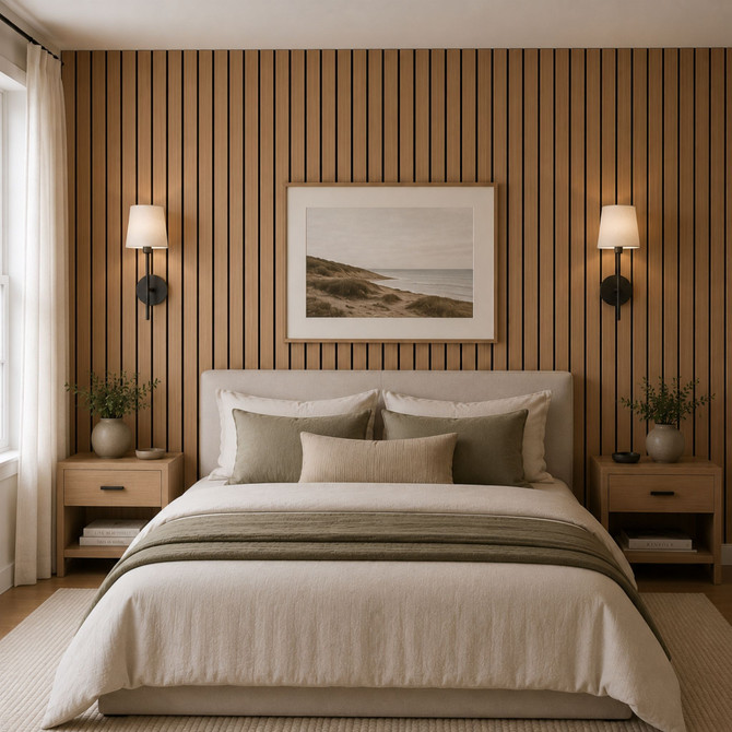 Modern bedroom with a full-height Natural Wide acoustic slat wall panel accent wall behind an upholstered bed with neutral décor and wall sconces.