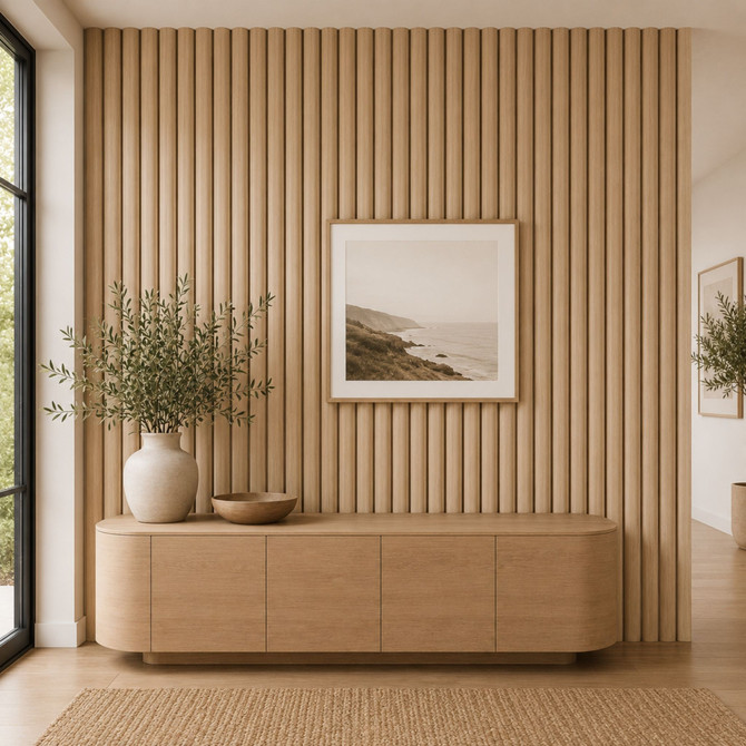 Modern entryway featuring natural reeded acoustic wall panels behind a floating wood console with neutral decor, framed artwork, and soft natural lighting.