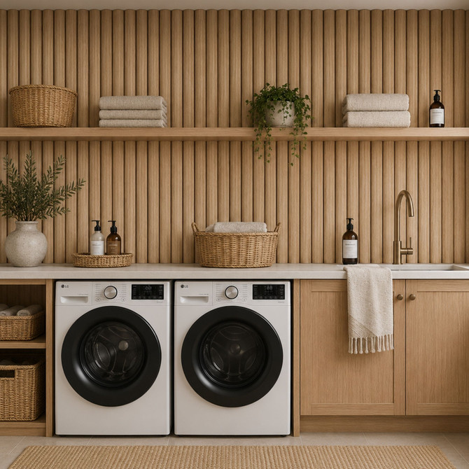 Modern laundry room featuring natural reeded acoustic wall panels behind open shelving, wood cabinetry, stacked towels, decorative baskets, and a washer and dryer.