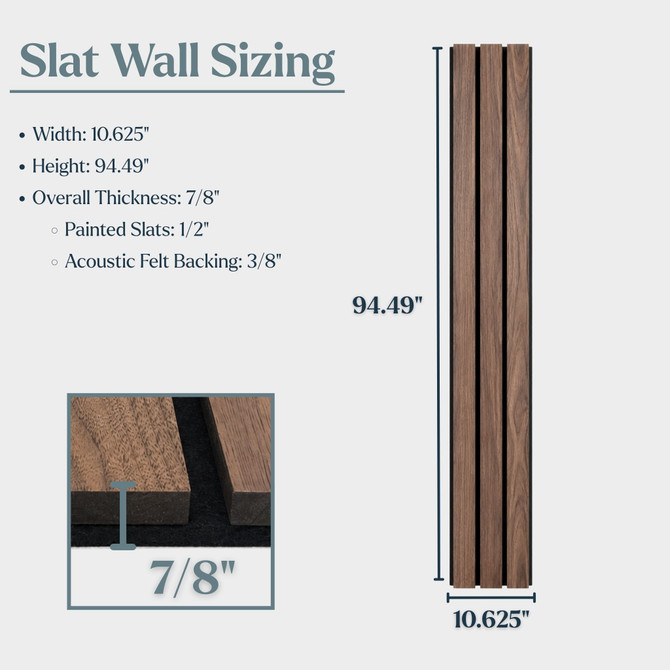 Tawny Wide acoustic slat wall panel dimensions showing 94.49-inch height, 10.625-inch width, and 7/8-inch overall thickness with black acoustic felt backing.