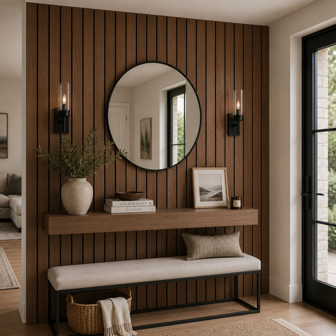 Contemporary entryway with Tawny Wide acoustic slat wall panels, floating bench, round mirror, and decorative lighting.