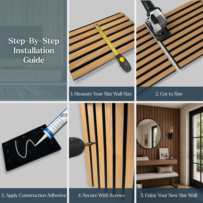 Step-by-step installation guide for Tawny Wide acoustic slat wall panels showing measuring, cutting, applying adhesive, fastening with screws, and completed installation.