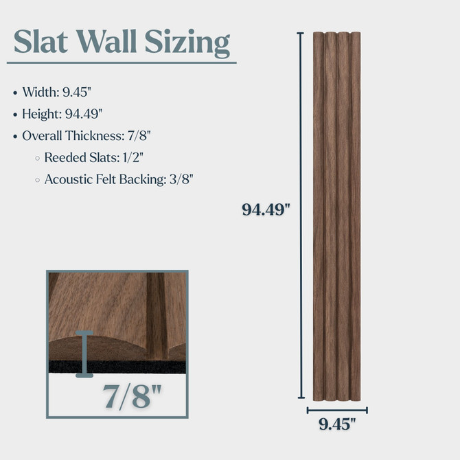Tawny Reeded acoustic wall panel dimensions showing 94.49-inch height, 9.45-inch width, and 7/8-inch overall thickness with black acoustic felt backing.