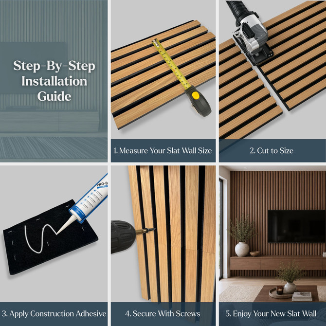 Installation guide illustrating how to measure, cut, glue, screw, and install Tawny Reeded acoustic wall panels.