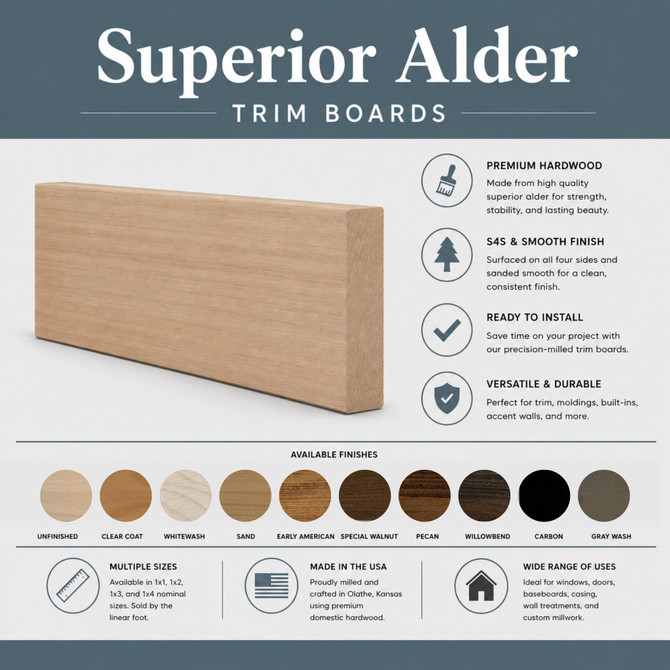 Superior Alder trim boards showing product features, available finish colors, and unfinished option.