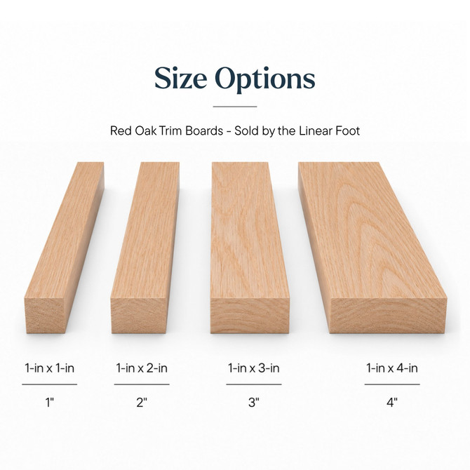 Red Oak trim boards size options, sold by the linear foot