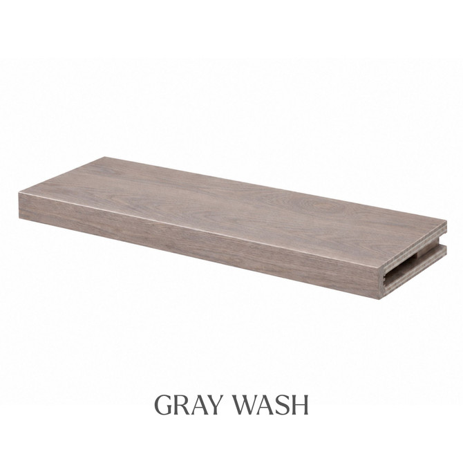 2-inch Red Oak alcove floating shelf in Gray Wash with a muted gray-brown finish and visible oak grain.