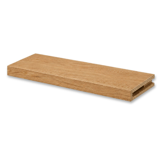 Red oak 2-inch box construction alcove floating shelf featuring natural oak grain and an open end for a custom-fit installation.