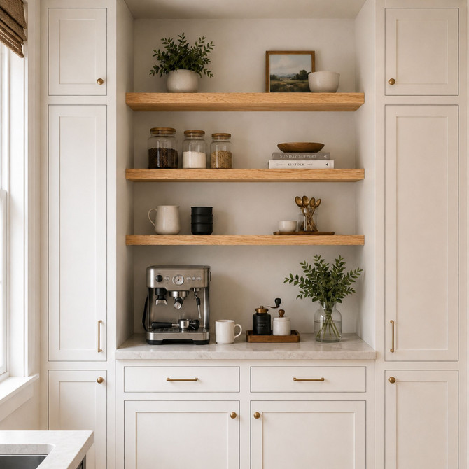 2-inch Red Oak alcove floating shelves in Clear Coat installed in a built-in kitchen coffee bar with white cabinetry.