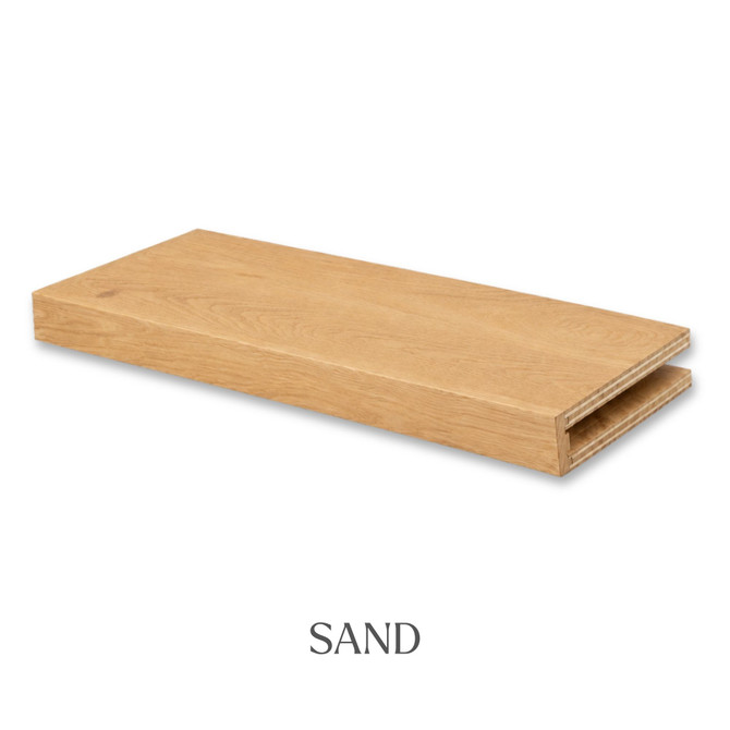 3-inch Red Oak alcove floating shelf in Sand with a light neutral finish and visible natural wood grain.