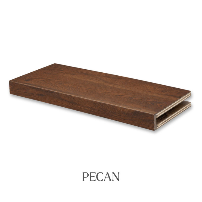 3-inch Red Oak alcove floating shelf in Pecan with a rich warm-brown finish and pronounced natural oak grain.