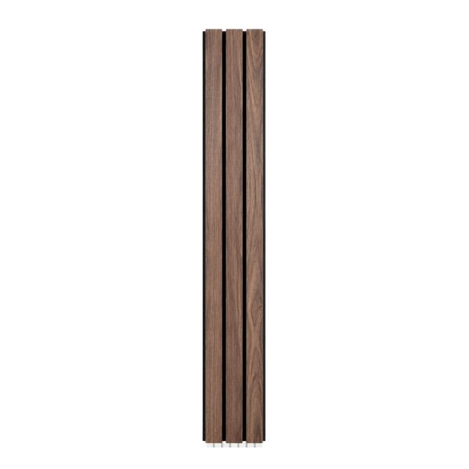 Walnut slat wall panel with 3-inch-wide vertical wood slats and contrasting black acoustic felt backing.