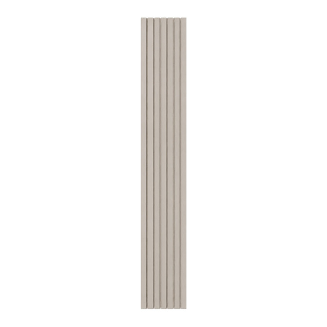 Taupe painted slat wall panel with evenly spaced 1-inch vertical slats and coordinating acoustic felt backing.