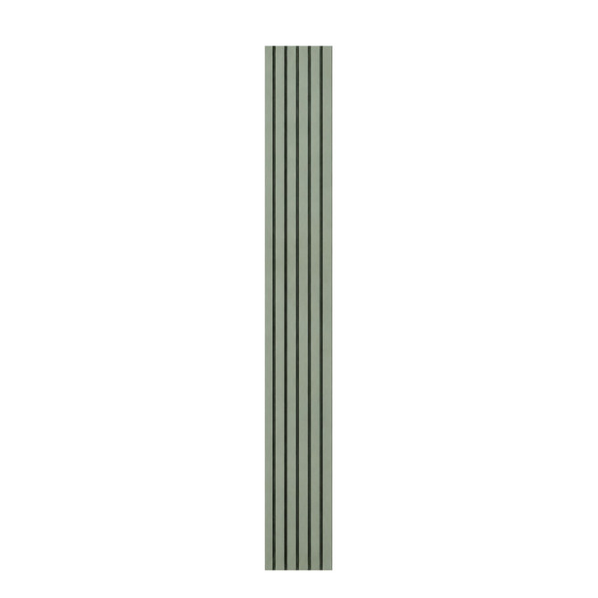 Sage painted slat wall panel with evenly spaced 1-inch vertical slats and dark acoustic felt backing.