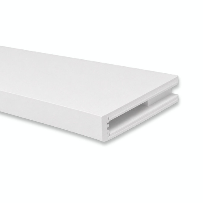 Close-up of a 2-inch Maple alcove floating shelf in Painted White showing the open end and routed channel for side cleat installation.