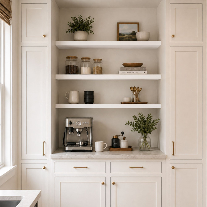 2-inch Painted White Maple alcove floating shelves installed above a built-in kitchen coffee bar with white cabinetry.