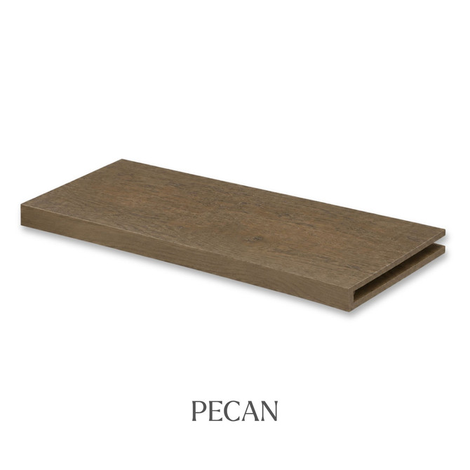1 5/8-inch solid White Oak alcove floating shelf in Pecan finish with an open end for trimming.
