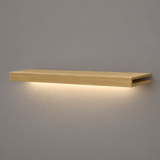 1.625-inch solid wood White Oak LED-lit alcove shelf with recessed hardwired lighting underneath and an open end for a custom-fit installation.