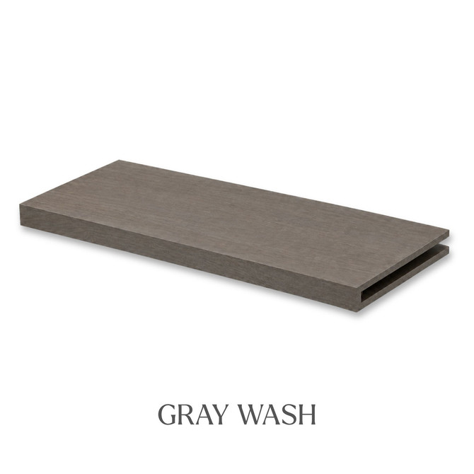 1 5/8-inch solid Walnut alcove floating shelf in Gray Wash finish with an open end for trimming.