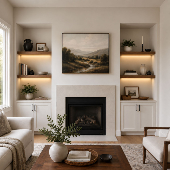 1.625-inch Walnut LED-lit alcove shelves installed in built-in niches beside a living room fireplace.