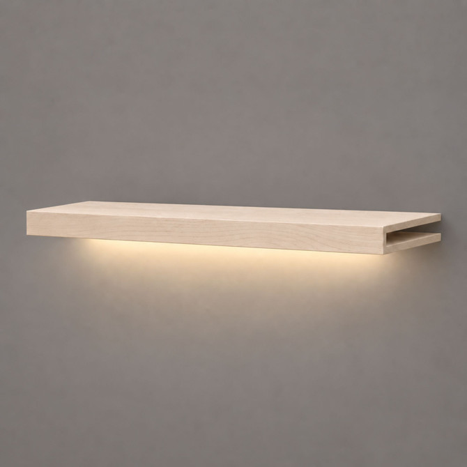 1.625-inch solid wood Maple LED-lit alcove shelf with recessed hardwired lighting underneath and an open end for a custom-fit installation.