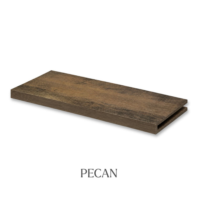 1 5/8-inch solid Maple alcove floating shelf in Pecan finish with an open end for trimming.