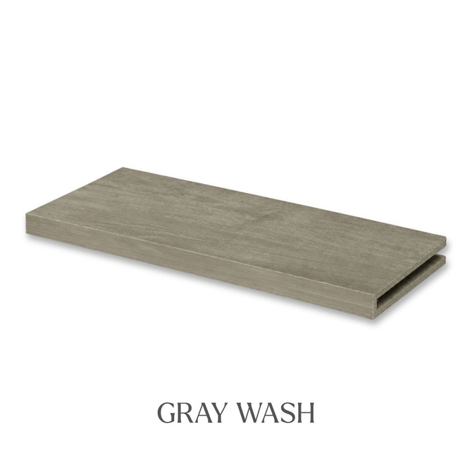 1 5/8-inch solid Maple alcove floating shelf in Gray Wash finish with an open end for trimming.