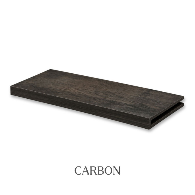 1 5/8-inch solid Maple alcove floating shelf in Carbon finish with an open end for trimming.