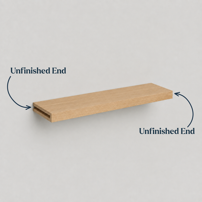 Alcove floating shelf showing unfinished open ends designed to be trimmed on-site for a custom wall-to-wall fit.