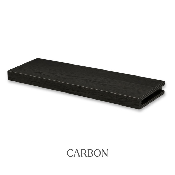 2-inch White Oak alcove floating shelf in Carbon with an open end for the side cleat installation system.