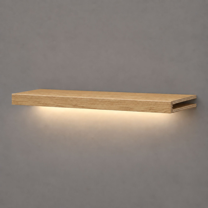 2-inch box construction White Oak LED-lit alcove shelf with recessed hardwired lighting underneath and an open end for a custom-fit installation.