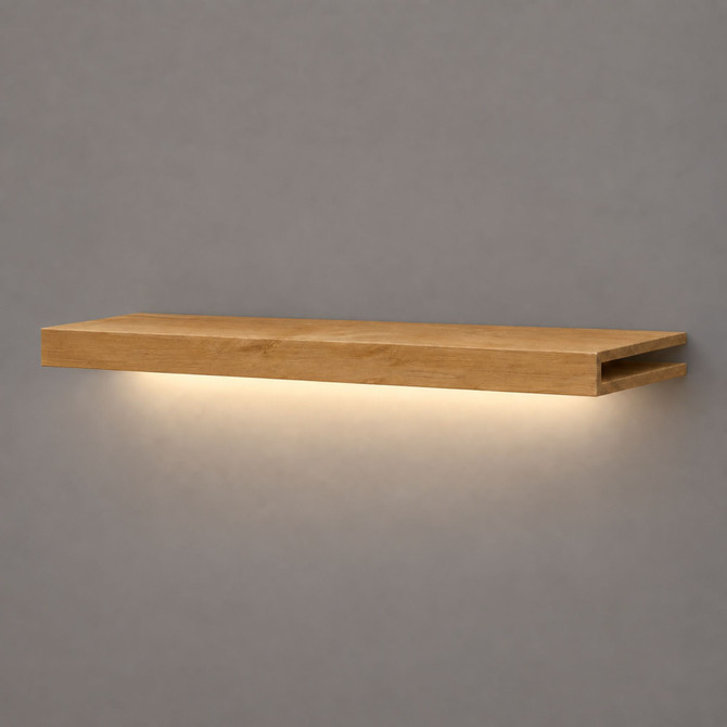 1.625-inch solid wood Superior Alder LED-lit alcove shelf with recessed hardwired lighting underneath and an open end for a custom-fit installation.