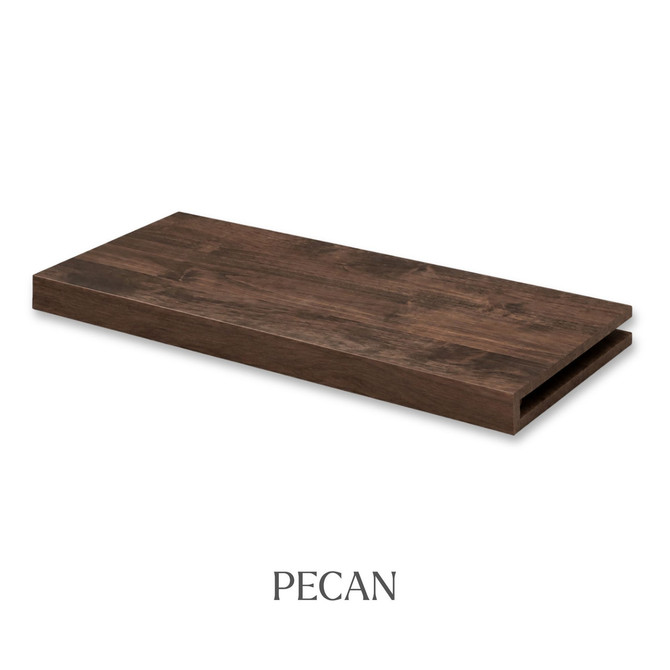 1 5/8-inch solid Superior Alder alcove floating shelf in Pecan finish with an open end for trimming.